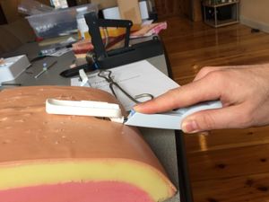 photograph of a hand holding a tool on a fake belly